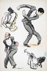 Two men in suits dancing while two musicians play the saxophone and trumpet, from White Bottoms, pub. 1927